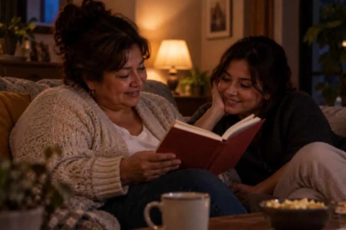 Dos mujeres sentadas en un sofá leyendo juntas un libro rojo en una sala acogedora iluminada por una lámpara de mesa.