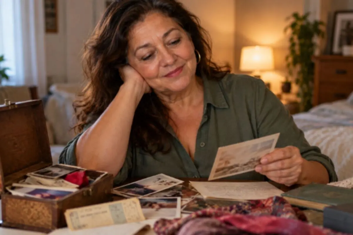 Mujer madura sentada en una habitación acogedora mirando una fotografía antigua con expresión nostálgica junto a una caja de recuerdos y cartas sobre la mesa. Mujer madura sentada en una habitación acogedora mirando una fotografía antigua con expresión nostálgica junto a una caja de recuerdos y cartas sobre la mesa.