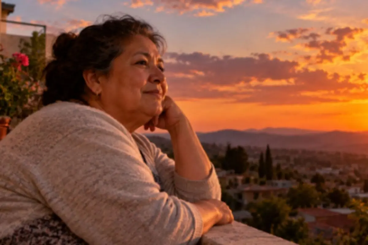 Mujer mayor apoyada en un balcón mirando pensativa un atardecer sobre una ciudad y montañas al fondo. Mujer mayor apoyada en un balcón mirando pensativa un atardecer sobre una ciudad y montañas al fondo.