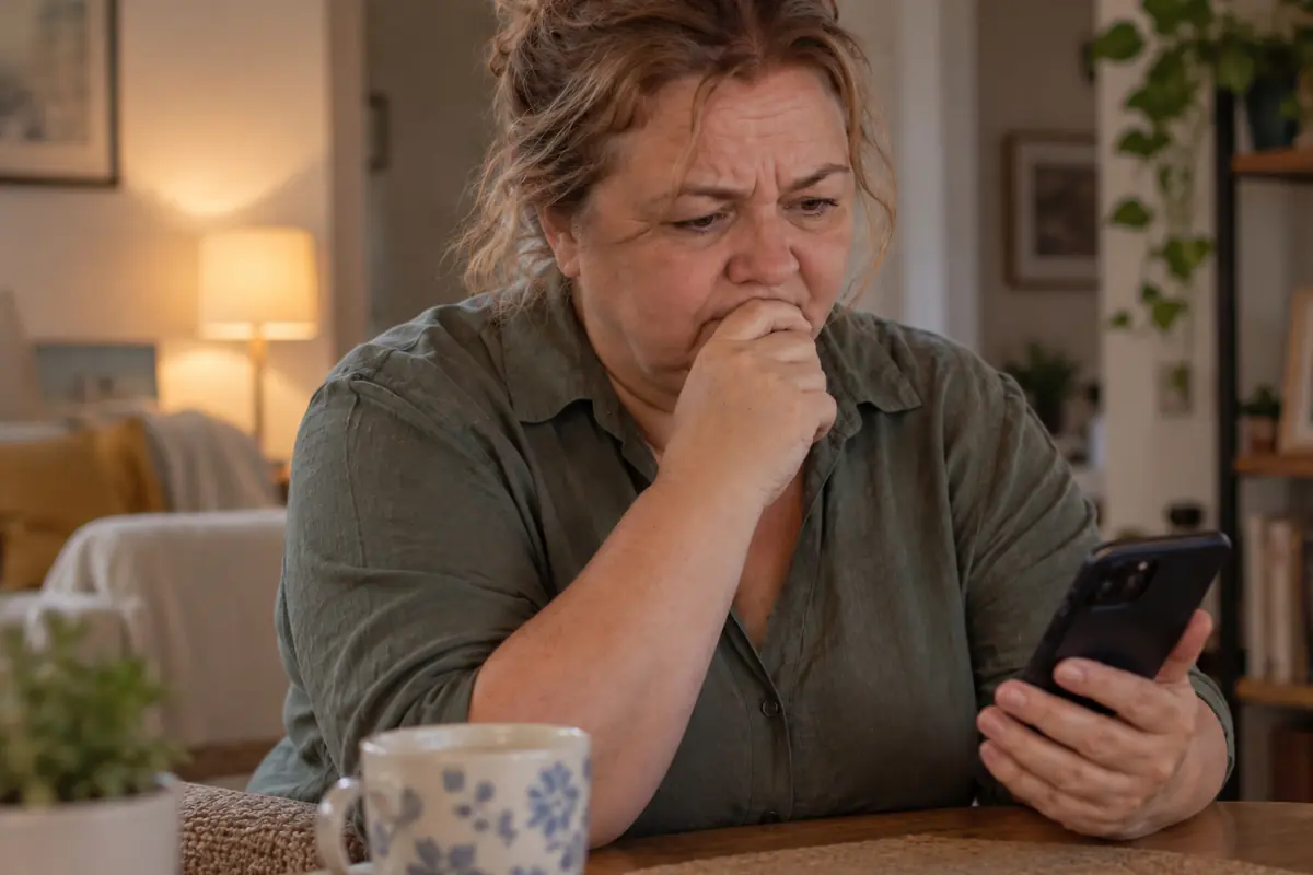 Mujer de mediana edad con gesto de preocupación mirando la pantalla de su teléfono móvil mientras se sienta en la sala de estar