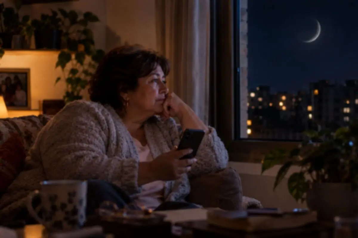 Mujer de mediana edad sentada en un sofá con el móvil en la mano mirando pensativa por la ventana hacia la ciudad nocturna iluminada y una luna creciente.