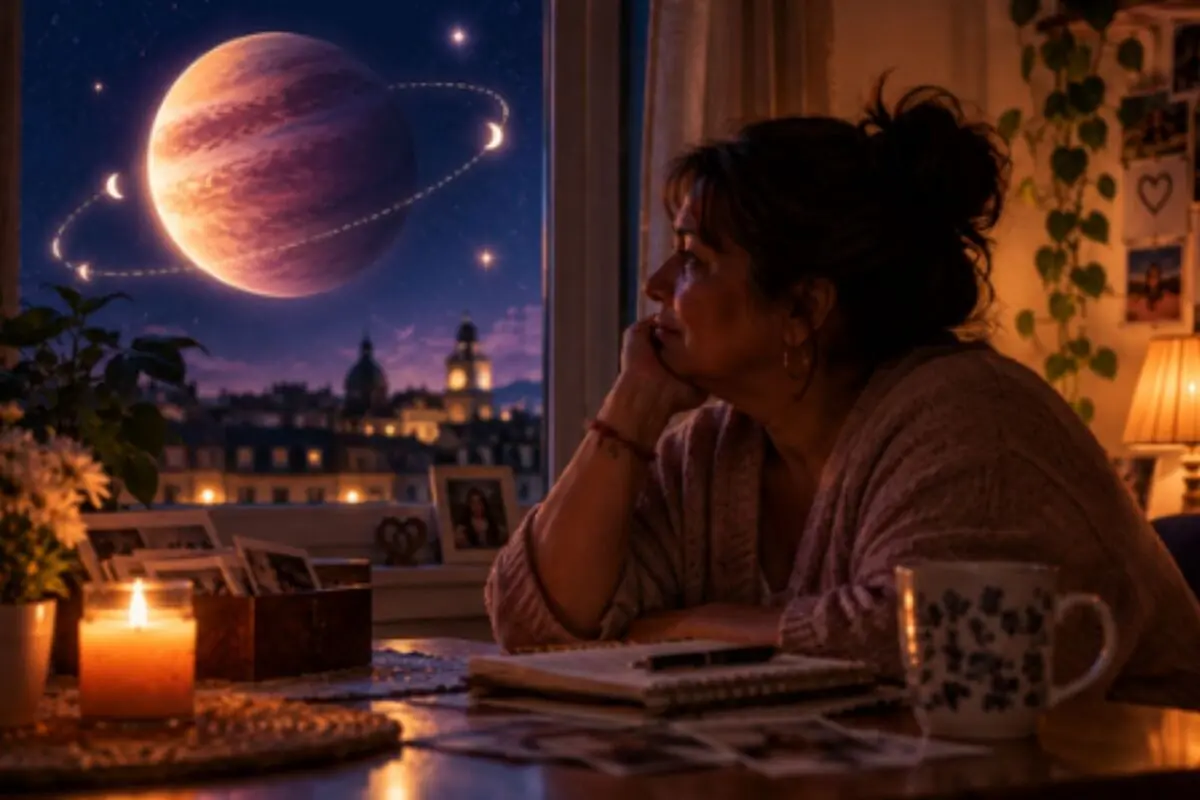 Mujer pensativa apoyada en la mano mira por la ventana un planeta gigante con lunas brillantes sobre una ciudad nocturna mientras en la mesa hay una vela encendida cuadernos fotos y una taza.