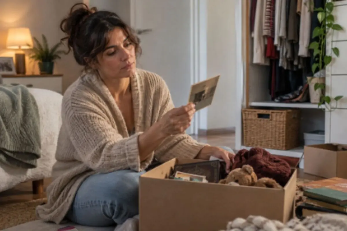 Mujer sentada en el suelo de su dormitorio revisando una caja de recuerdos y mirando una fotografía antigua.