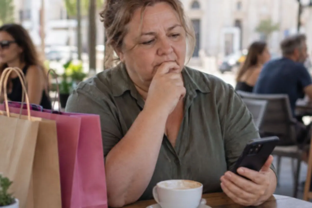 Mujer pensativa en una cafetería mirando su teléfono móvil junto a bolsas de compras y una taza de café.