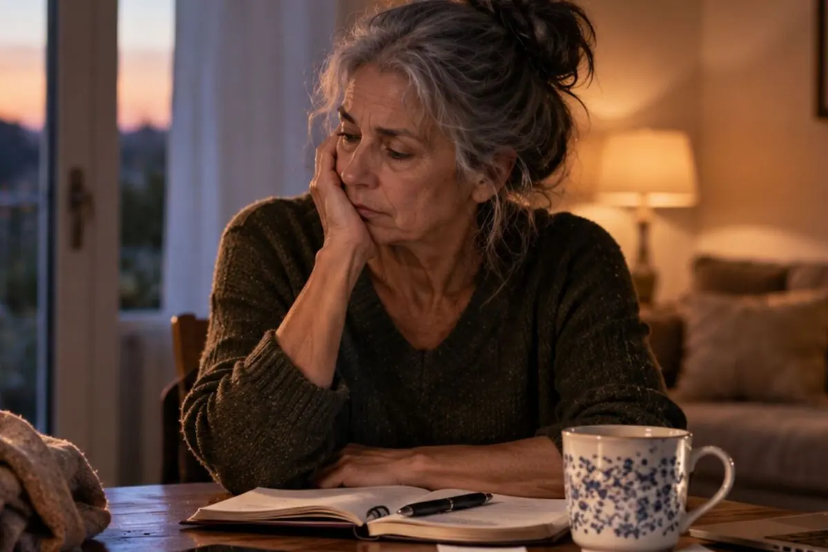 Mujer mayor pensativa apoyando la cabeza en la mano mientras mira un cuaderno abierto con una taza de café sobre la mesa en una sala acogedora al atardecer.