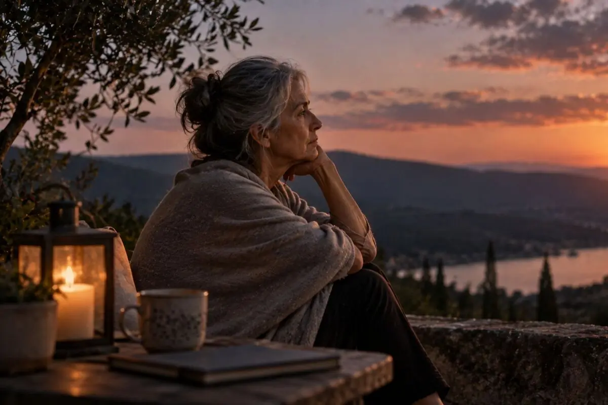 Mujer mayor pensativa envuelta en una manta mirando el atardecer sobre un paisaje de montañas y lago con una vela encendida y una taza sobre la mesa.