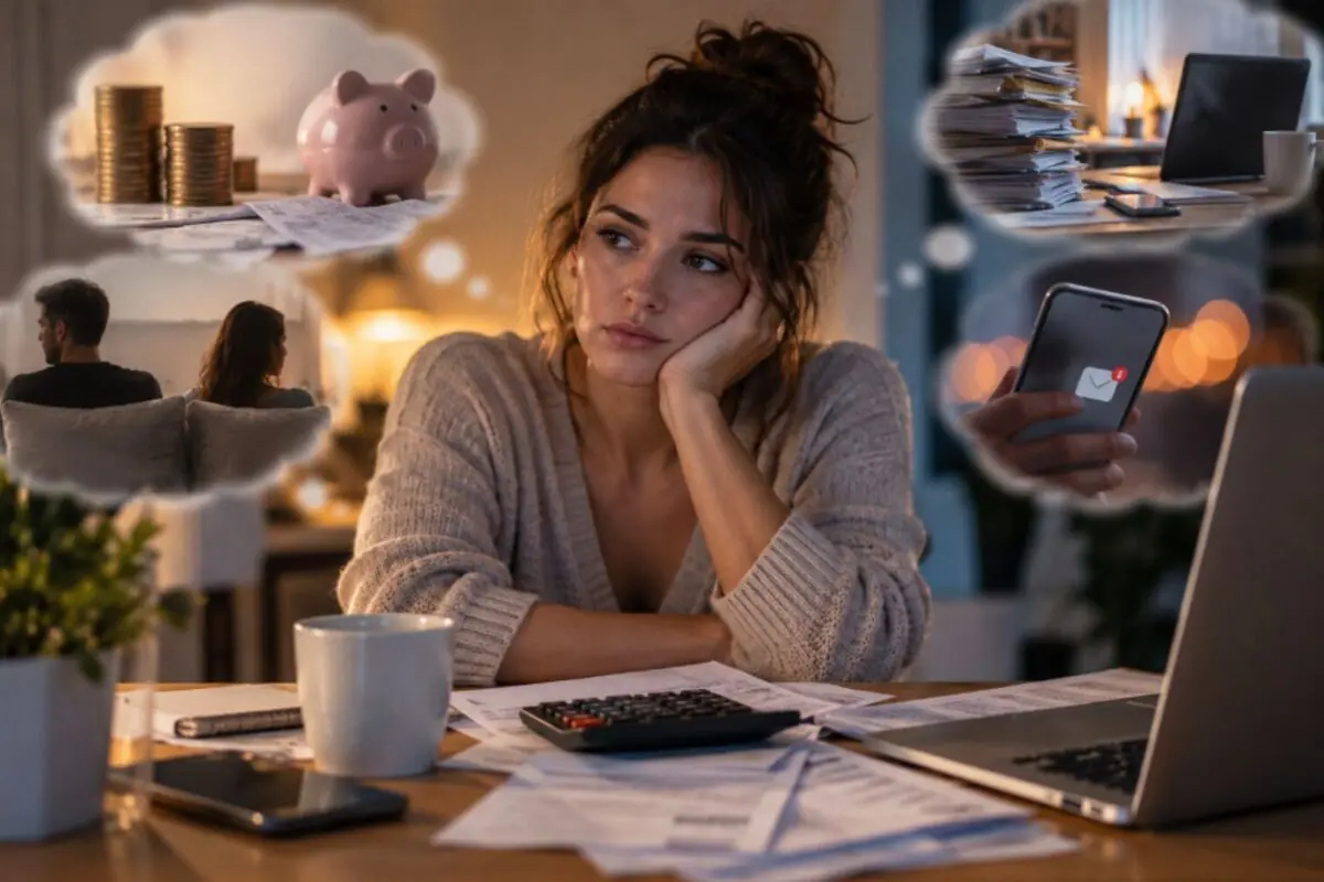 Mujer joven preocupada sentada frente a facturas y una computadora portátil mientras piensa en dinero trabajo problemas de pareja y mensajes en el teléfono.