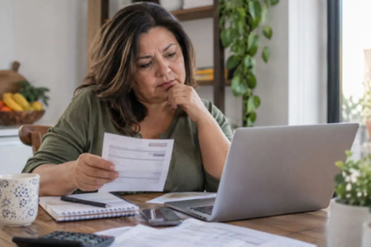 Mujer de mediana edad revisando facturas y usando una computadora portátil en la mesa de su casa.