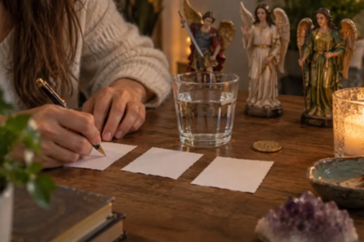 Mujer escribiendo en pequeños papeles sobre una mesa de madera con vaso de agua velas figuras de ángeles y cristales decorativos.