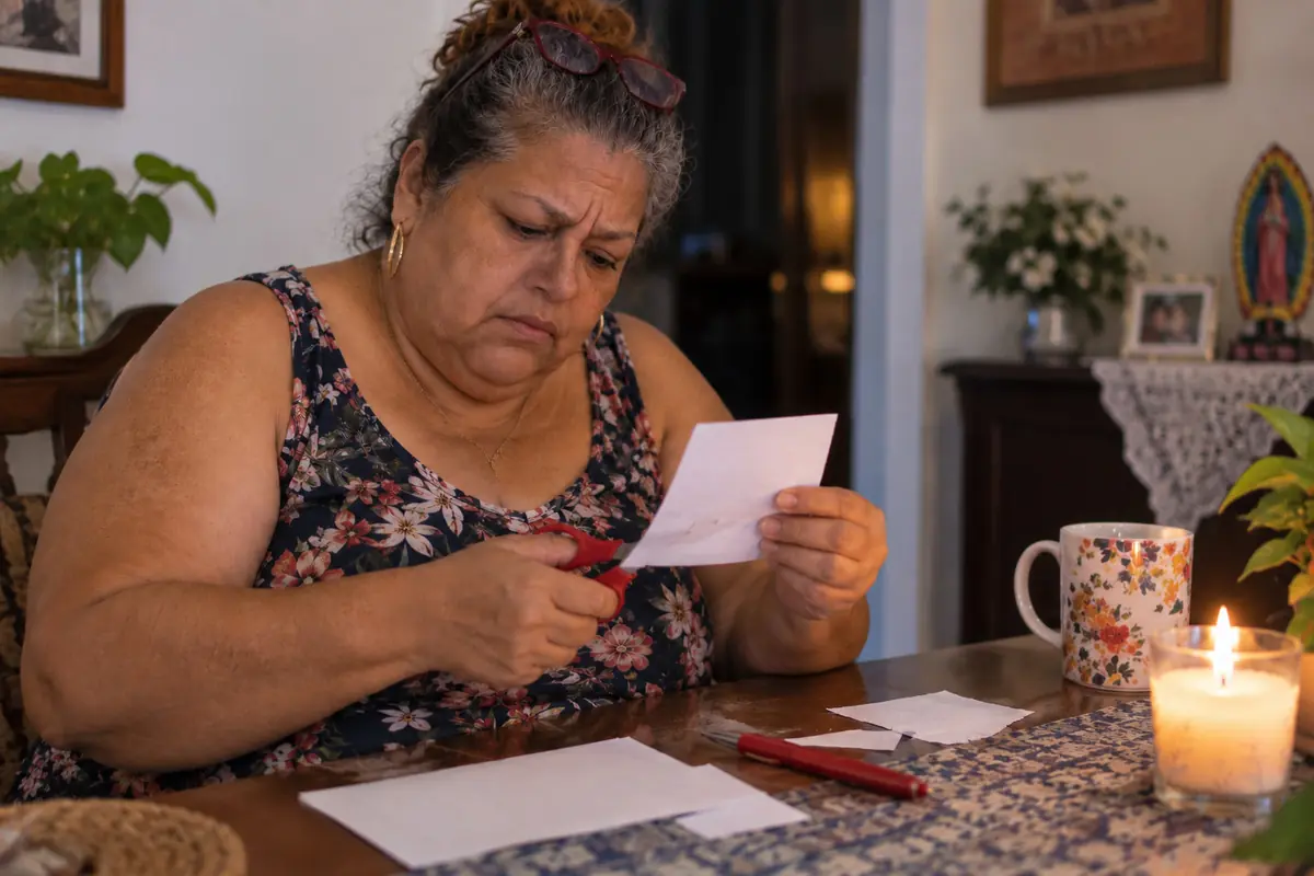 Mujer mayor concentrada recortando una hoja de papel con tijeras rojas en una mesa con taza encendida y objetos de decoración en una sala hogareña.