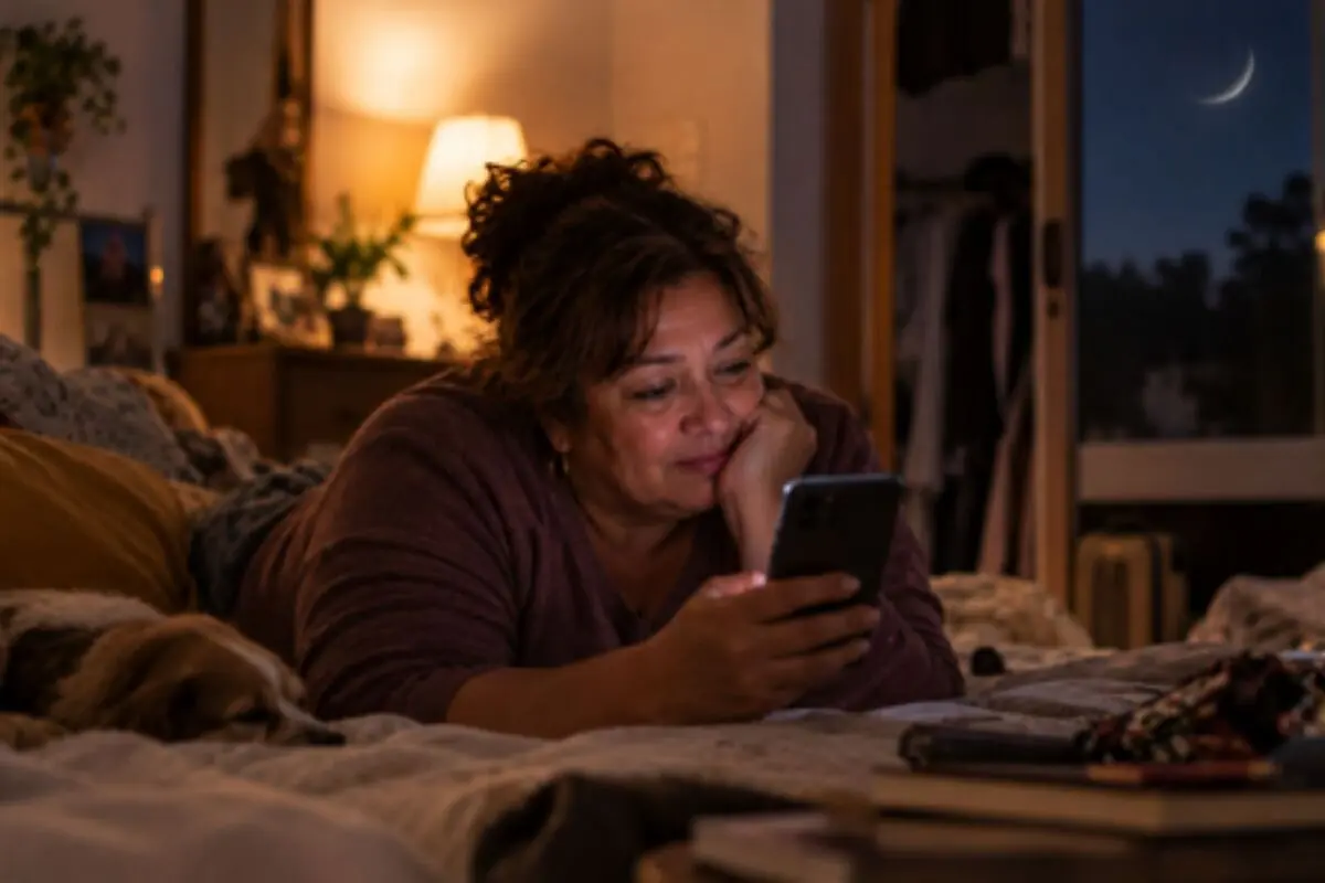 Mujer recostada en la cama mirando su teléfono móvil por la noche con una lámpara encendida y un perro durmiendo a su lado.