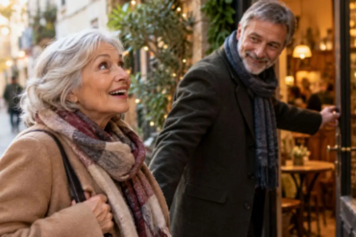 Pareja de personas mayores sonriendo mientras él abre la puerta de un café acogedor en una calle iluminada con luces y plantas. Pareja de personas mayores sonriendo mientras él abre la puerta de un café acogedor en una calle iluminada con luces y plantas.
