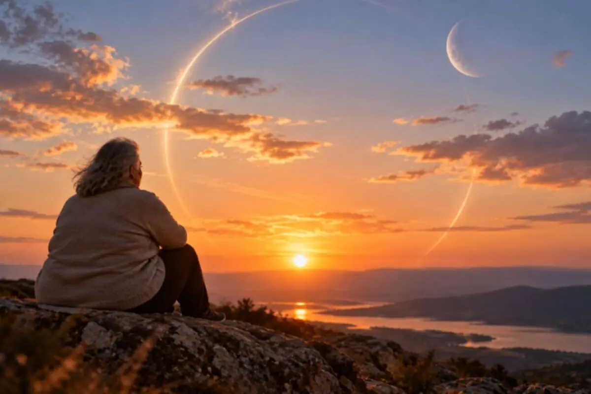 Persona mayor sentada sobre unas rocas contemplando un atardecer anaranjado frente a un lago y montañas con un gran arco luminoso y una luna creciente en el cielo. Persona mayor sentada sobre unas rocas contemplando un atardecer anaranjado frente a un lago y montañas con un gran arco luminoso y una luna creciente en el cielo.