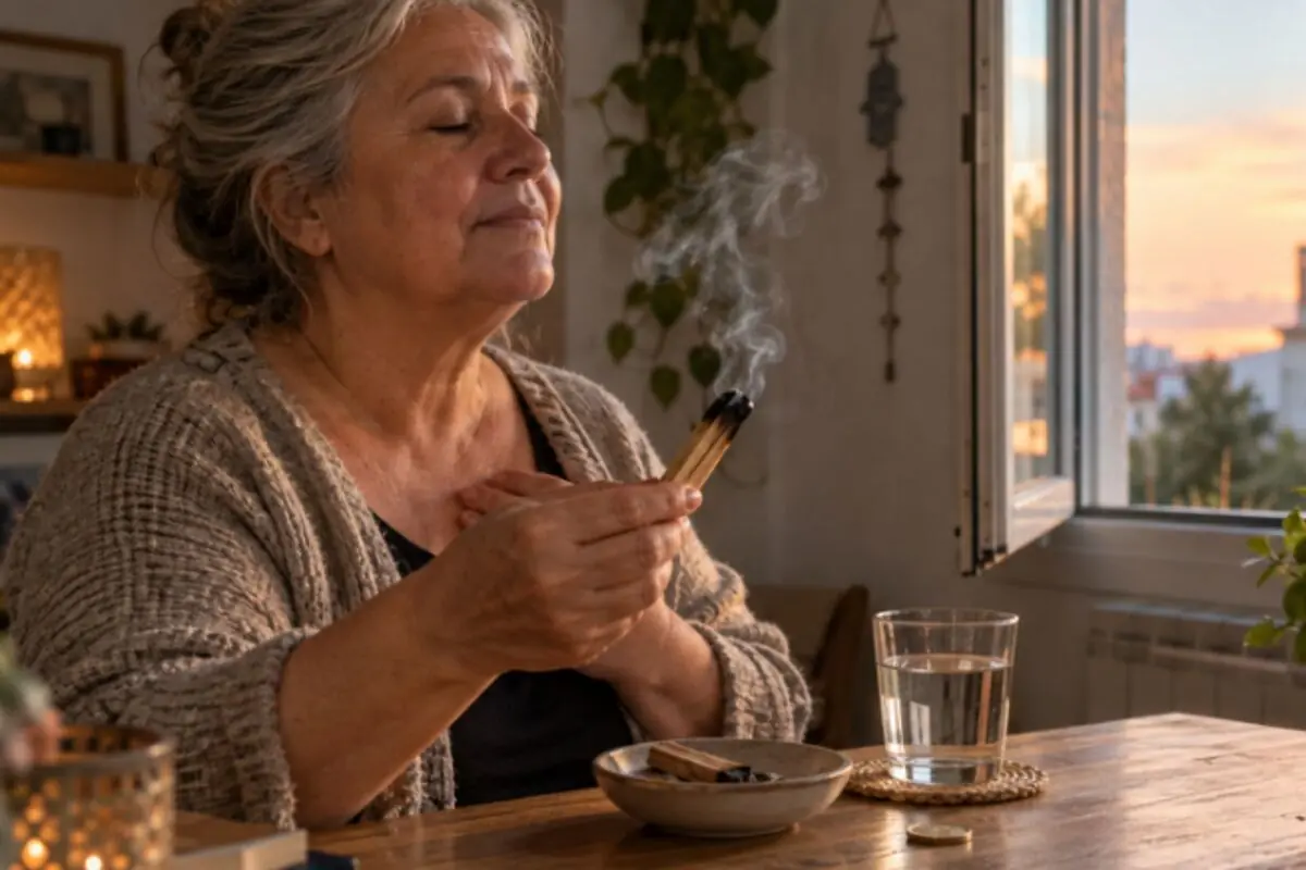 Mujer mayor con los ojos cerrados meditando en casa mientras sostiene un palo de incienso humeante junto a una mesa con un vaso de agua. Mujer mayor con los ojos cerrados meditando en casa mientras sostiene un palo de incienso humeante junto a una mesa con un vaso de agua.