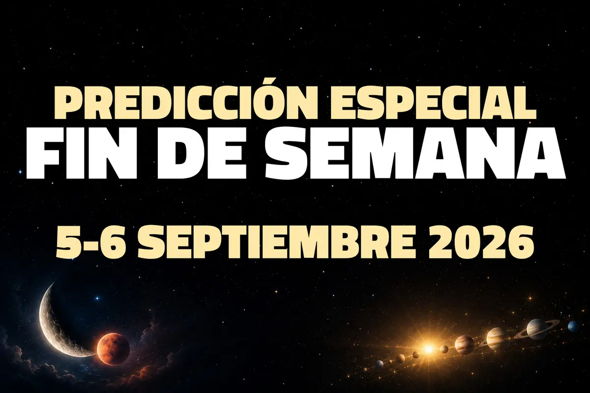 Banner con texto 'Predicción especial fin de semana 5-6 septiembre 2026' sobre un fondo espacial con luna creciente, planeta rojo y alineación de planetas iluminados por el Sol.