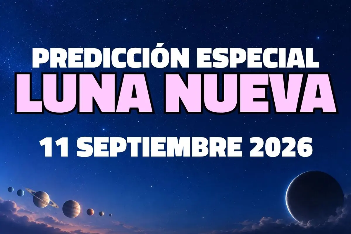 Banner astral con texto Predicción especial luna nueva 11 septiembre 2026 sobre un cielo estrellado y planetas en el horizonte.