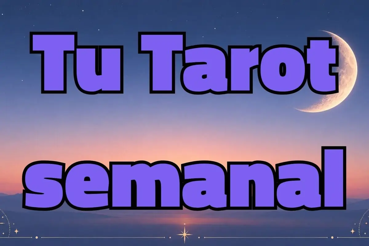 Portada con texto Tu Tarot semanal en letras moradas grandes sobre un cielo al atardecer con luna creciente