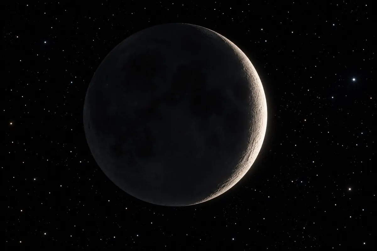 Luna en fase creciente iluminada por un fino borde de luz sobre un cielo nocturno lleno de estrellas.