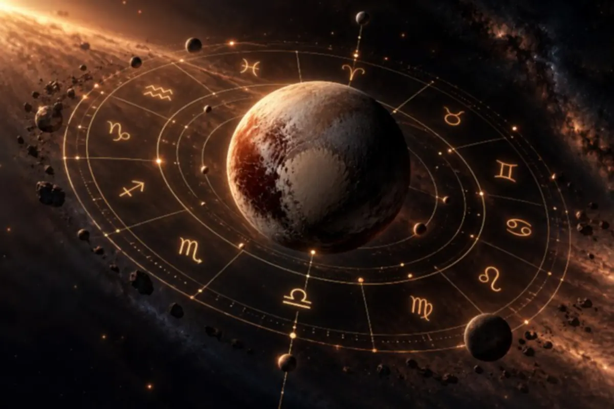 Planeta oscuro en el espacio rodeado por un círculo luminoso con símbolos del zodiaco y órbitas de asteroides