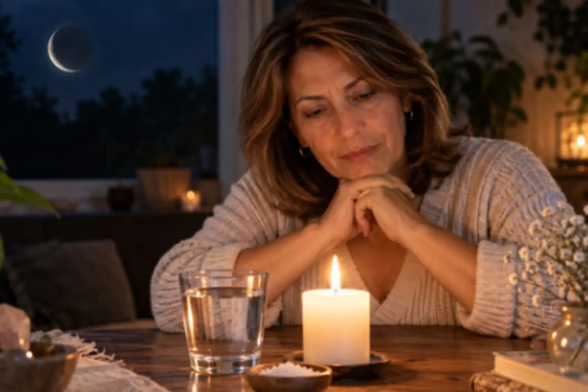 Mujer pensativa sentada a la mesa observando una vela encendida junto a un vaso de agua en una habitación acogedora de noche con la luna creciente visible por la ventana.