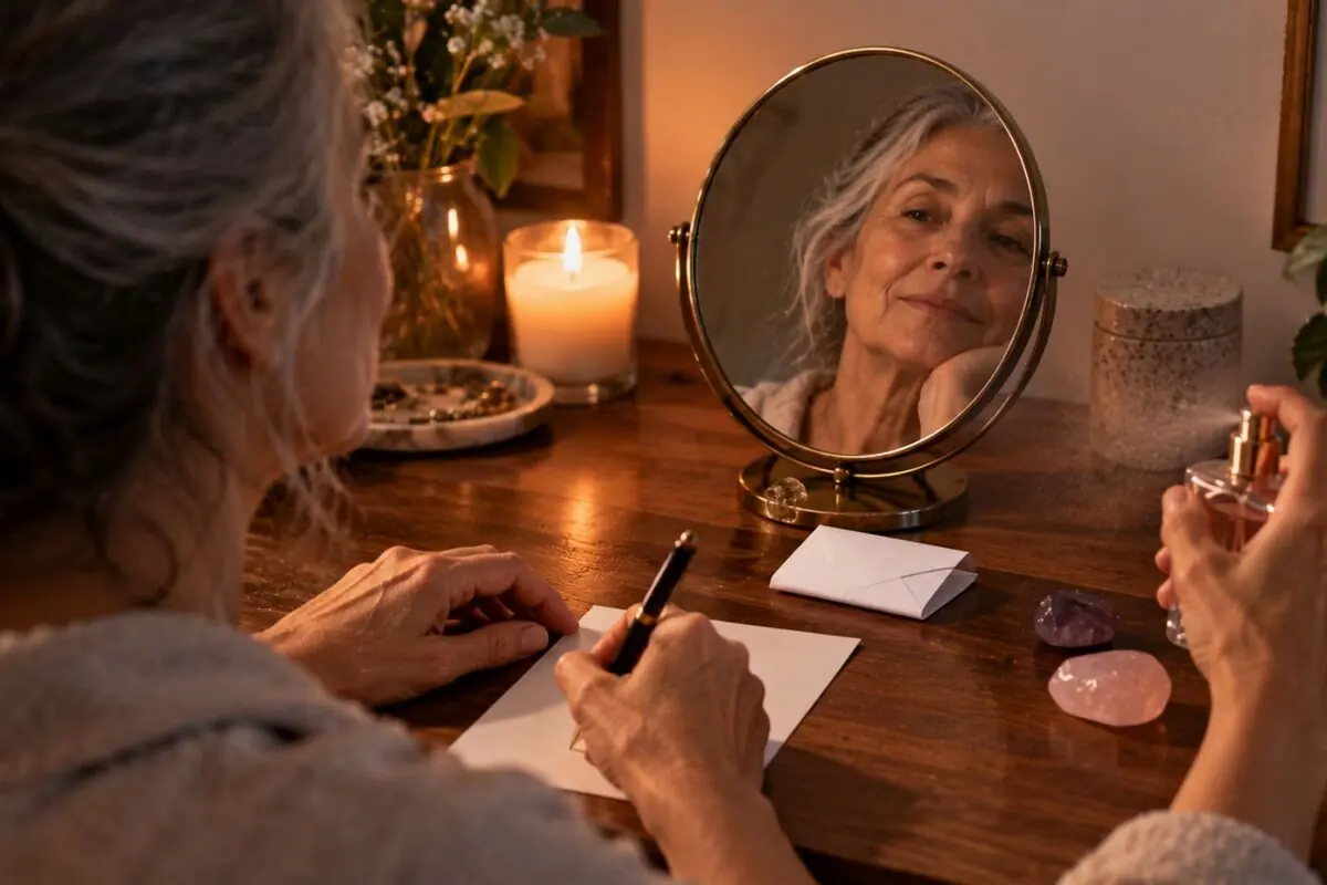 Mujer mayor escribiendo una carta en un escritorio de madera mientras se mira con serenidad en un espejo redondo junto a una vela encendida y piedras decorativas.