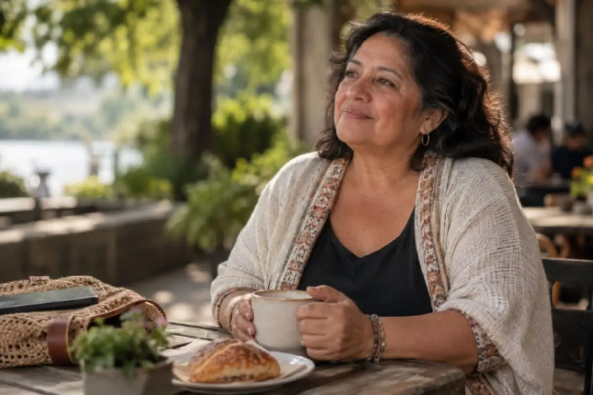 Mujer de mediana edad sentada en la terraza de un café al aire libre sosteniendo una taza de café frente a un croissant mientras mira pensativa hacia un lado. Mujer de mediana edad sentada en la terraza de un café al aire libre sosteniendo una taza de café frente a un croissant mientras mira pensativa hacia un lado.