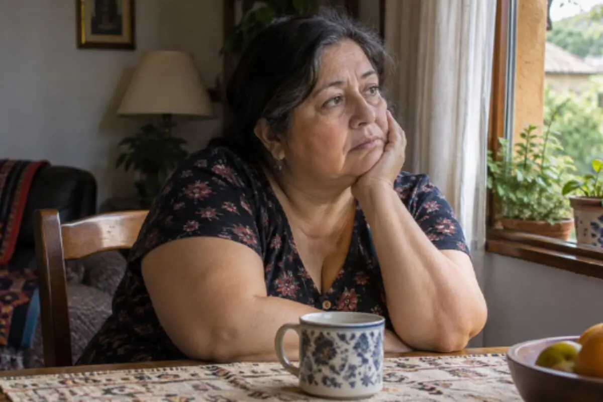 Mujer de mediana edad pensativa sentada a la mesa junto a una ventana con una taza de café delante. Mujer de mediana edad pensativa sentada a la mesa junto a una ventana con una taza de café delante.