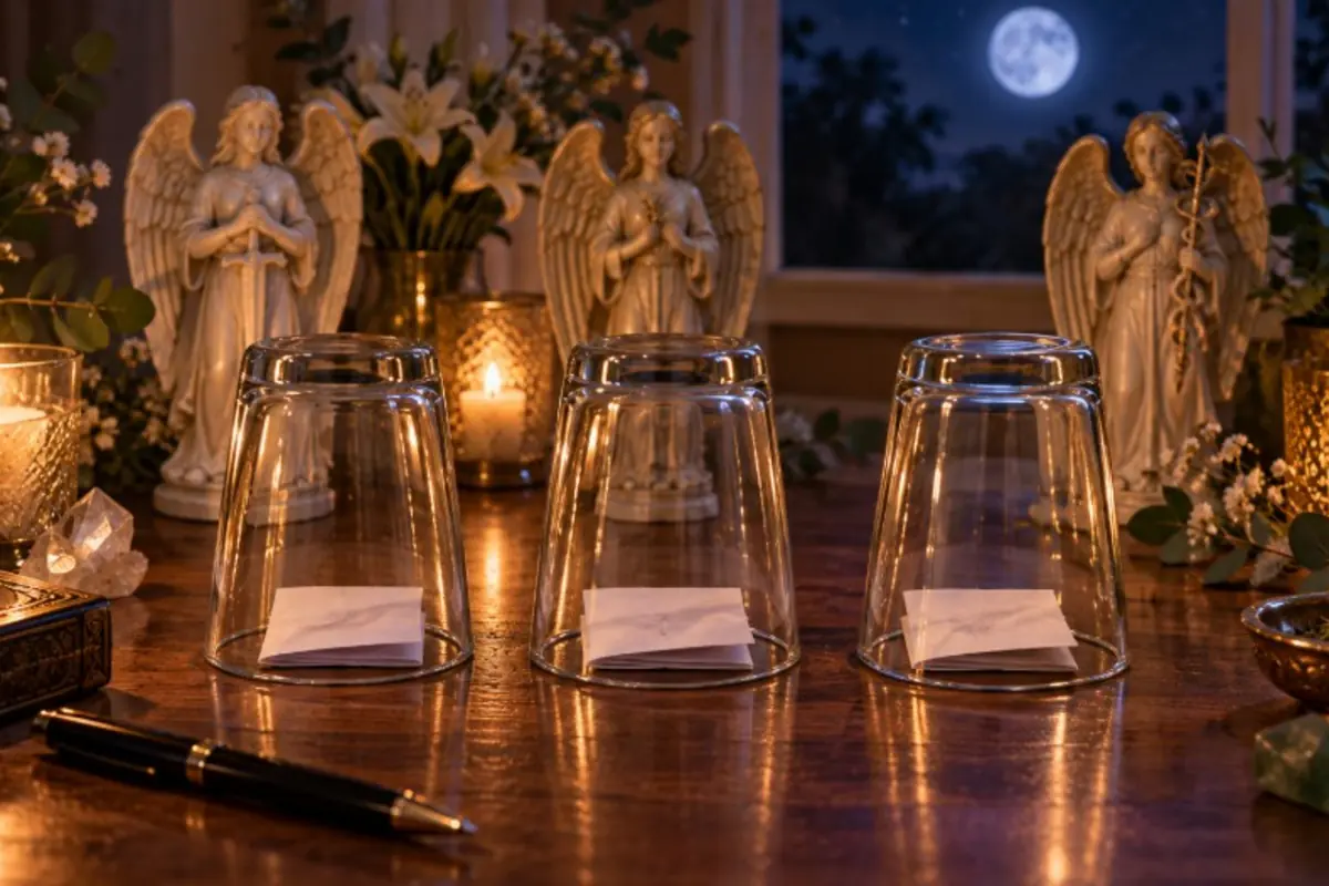 Mesa de ritual nocturno con tres vasos de vidrio invertidos sobre papeles frente a velas encendidas flores y estatuas de ángeles con la luna llena visible por la ventana