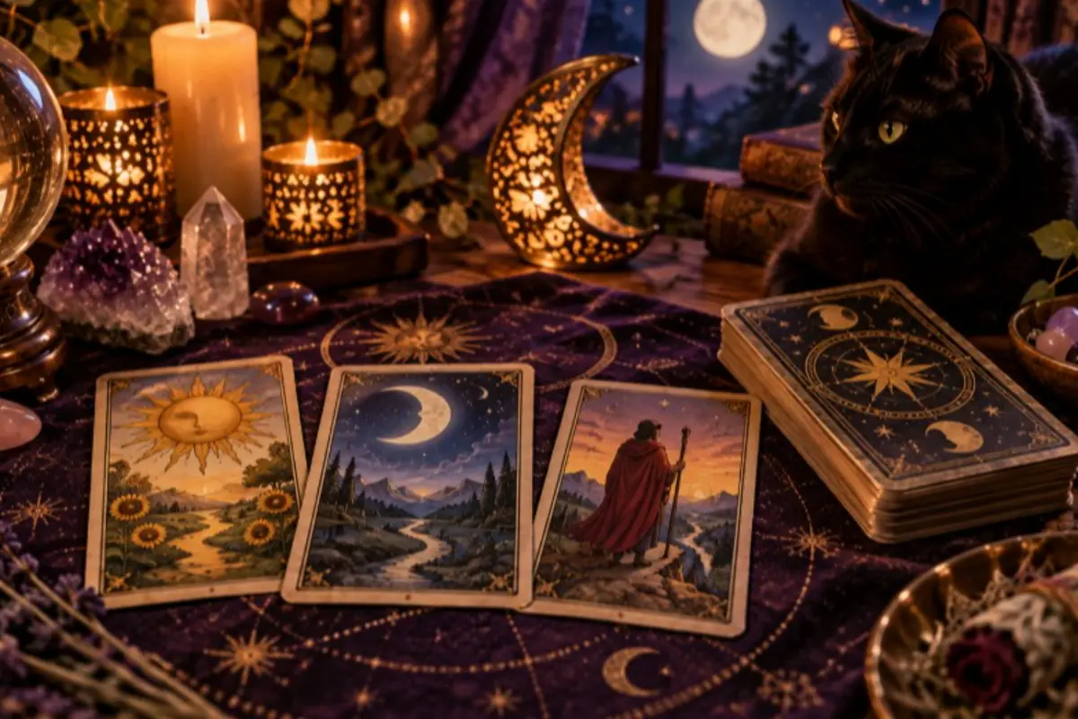 Mesa esotérica con cartas del tarot extendidas, cristales, velas encendidas, luna decorativa y un gato negro observando junto a una ventana nocturna con luna llena