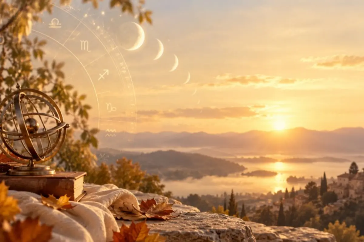 Paisaje al atardecer con lago montañas y pueblo al fondo junto a una esfera armilar sobre libros hojas de otoño y símbolos zodiacales superpuestos en el cielo Paisaje al atardecer con lago montañas y pueblo al fondo junto a una esfera armilar sobre libros hojas de otoño y símbolos zodiacales superpuestos en el cielo