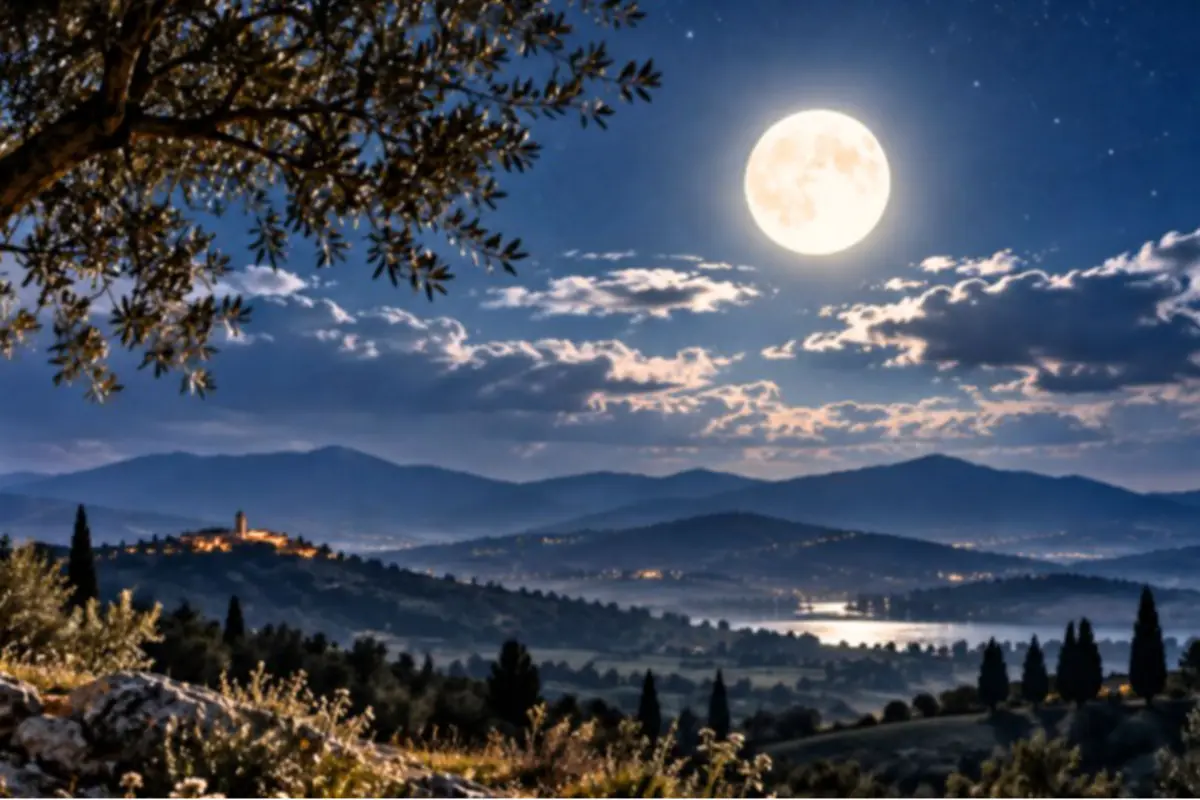 Paisaje nocturno con luna llena brillante sobre montañas, lago y un pequeño pueblo iluminado entre árboles y vegetación