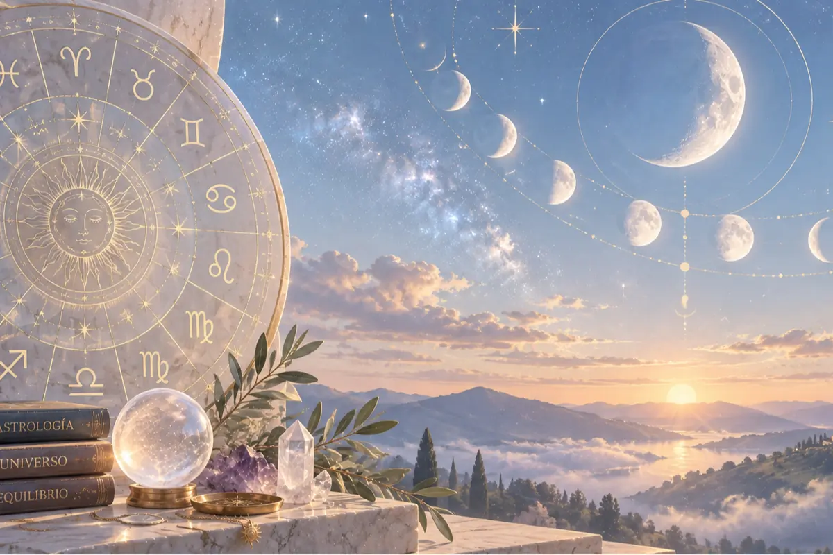 Escena mística de astrología con rueda zodiacal dorada esfera de cristal cristales y libros sobre un altar de mármol frente a un amanecer sobre montañas y fases de la luna en el cielo