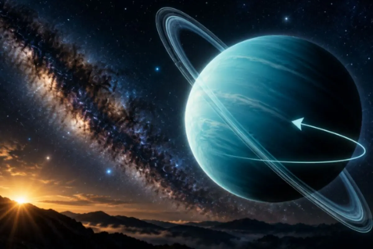 Ilustración de un planeta gigante con anillos brillantes sobre un paisaje montañoso al amanecer y la Vía Láctea de fondo. Ilustración de un planeta gigante con anillos brillantes sobre un paisaje montañoso al amanecer y la Vía Láctea de fondo.