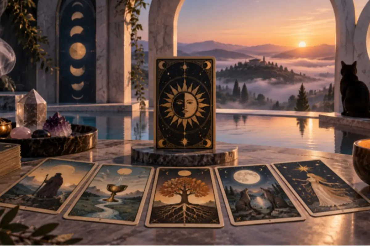 Baraja de tarot dispuesta sobre una mesa de mármol junto a cristales y una piscina infinita con vista a un paisaje montañoso al amanecer y un gato negro observando el horizonte