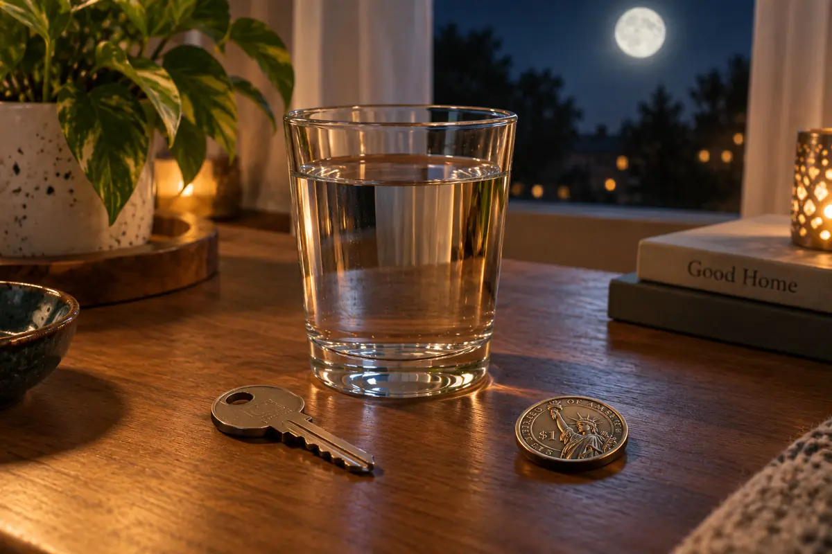 Vaso de agua sobre una mesa de noche de madera junto a una llave metálica una moneda dorada un libro y una vela encendida con la luna llena visible por la ventana al fondo.