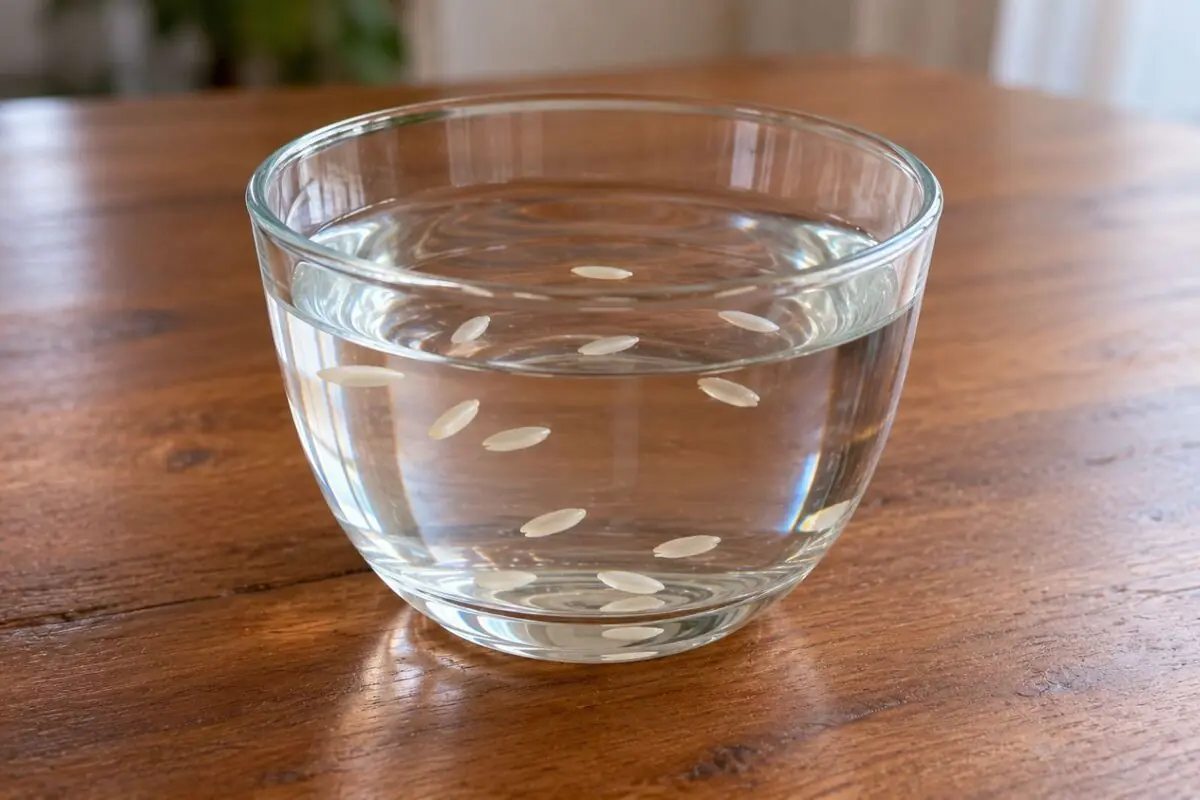 Tazón de vidrio con agua sobre mesa de madera y varios granos de arroz flotando en la superficie. Tazón de vidrio con agua sobre mesa de madera y varios granos de arroz flotando en la superficie.