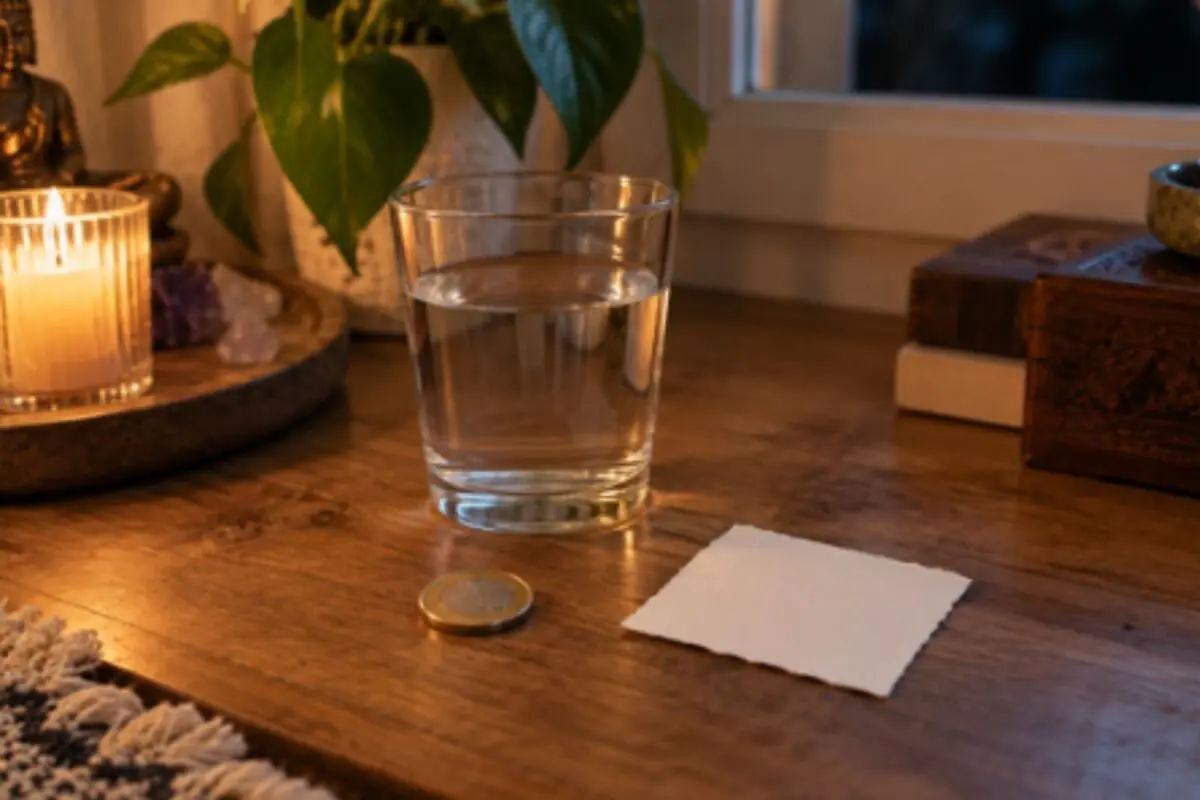 Vaso de agua sobre una mesa de madera junto a una moneda una vela encendida una planta y un pequeño papel en un ambiente acogedor.
