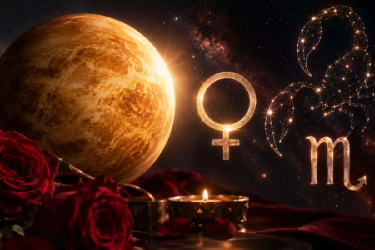 Planeta Venus junto a símbolos dorados de Venus y Escorpio con rosas rojas y velas encendidas sobre un fondo de cielo estrellado. Planeta Venus junto a símbolos dorados de Venus y Escorpio con rosas rojas y velas encendidas sobre un fondo de cielo estrellado.