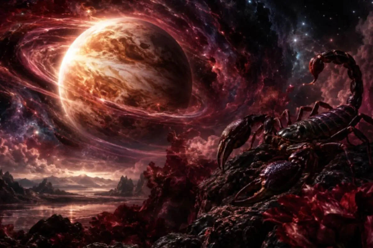 Escorpión gigante oscuro sobre un paisaje rocoso alienígena con un planeta rojizo y nubes cósmicas brillantes al fondo. Escorpión gigante oscuro sobre un paisaje rocoso alienígena con un planeta rojizo y nubes cósmicas brillantes al fondo.