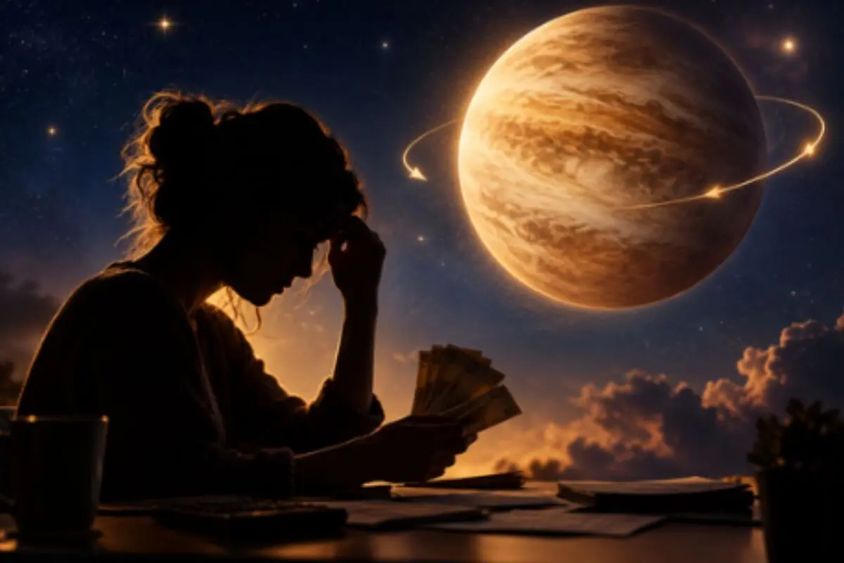 Mujer pensativa contando billetes en una mesa mientras un gran planeta luminoso flota en el cielo estrellado al fondo.