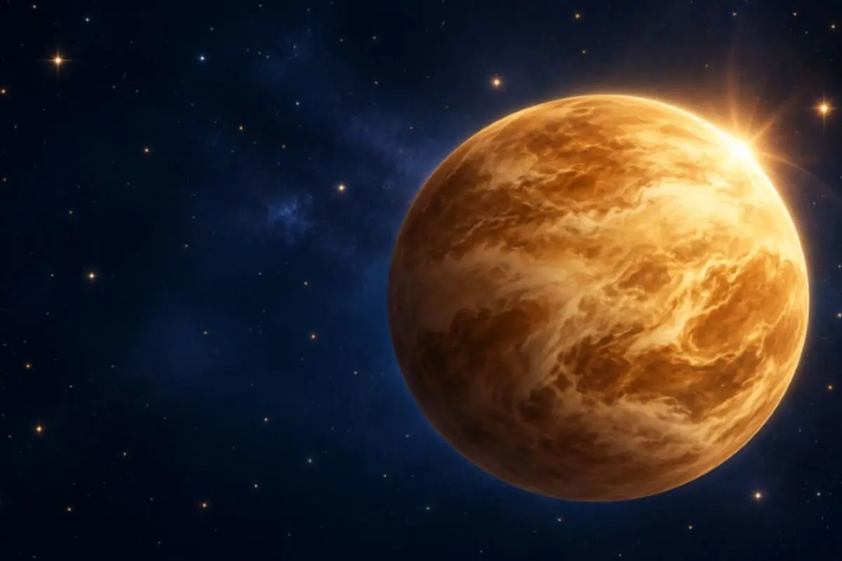 Ilustración de un planeta amarillo anaranjado cubierto de nubes densas brillando en el espacio rodeado de estrellas sobre un fondo azul oscuro.