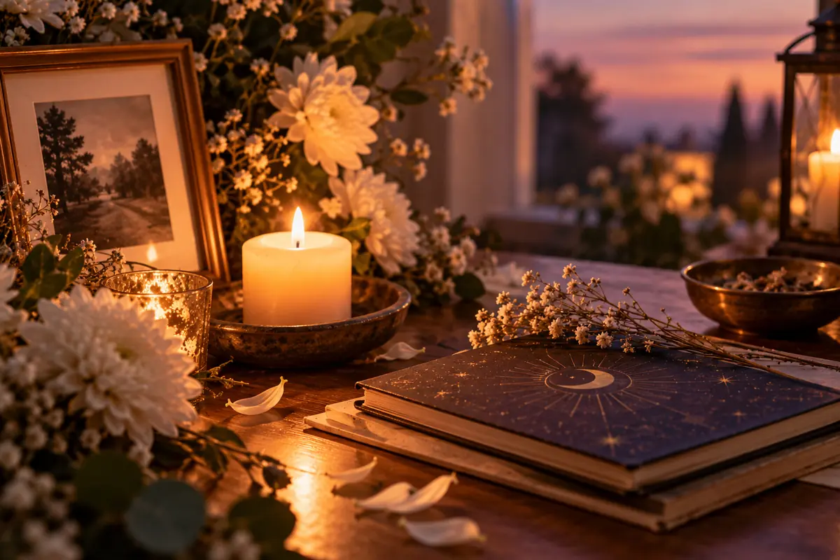 Mesa acogedora al atardecer con velas encendidas flores blancas y un cuaderno oscuro con diseño de luna y estrellas