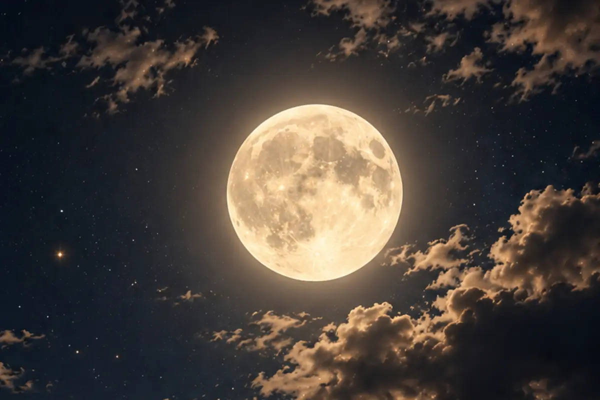 Luna llena brillante en el cielo nocturno rodeada de nubes y estrellas Luna llena brillante en el cielo nocturno rodeada de nubes y estrellas