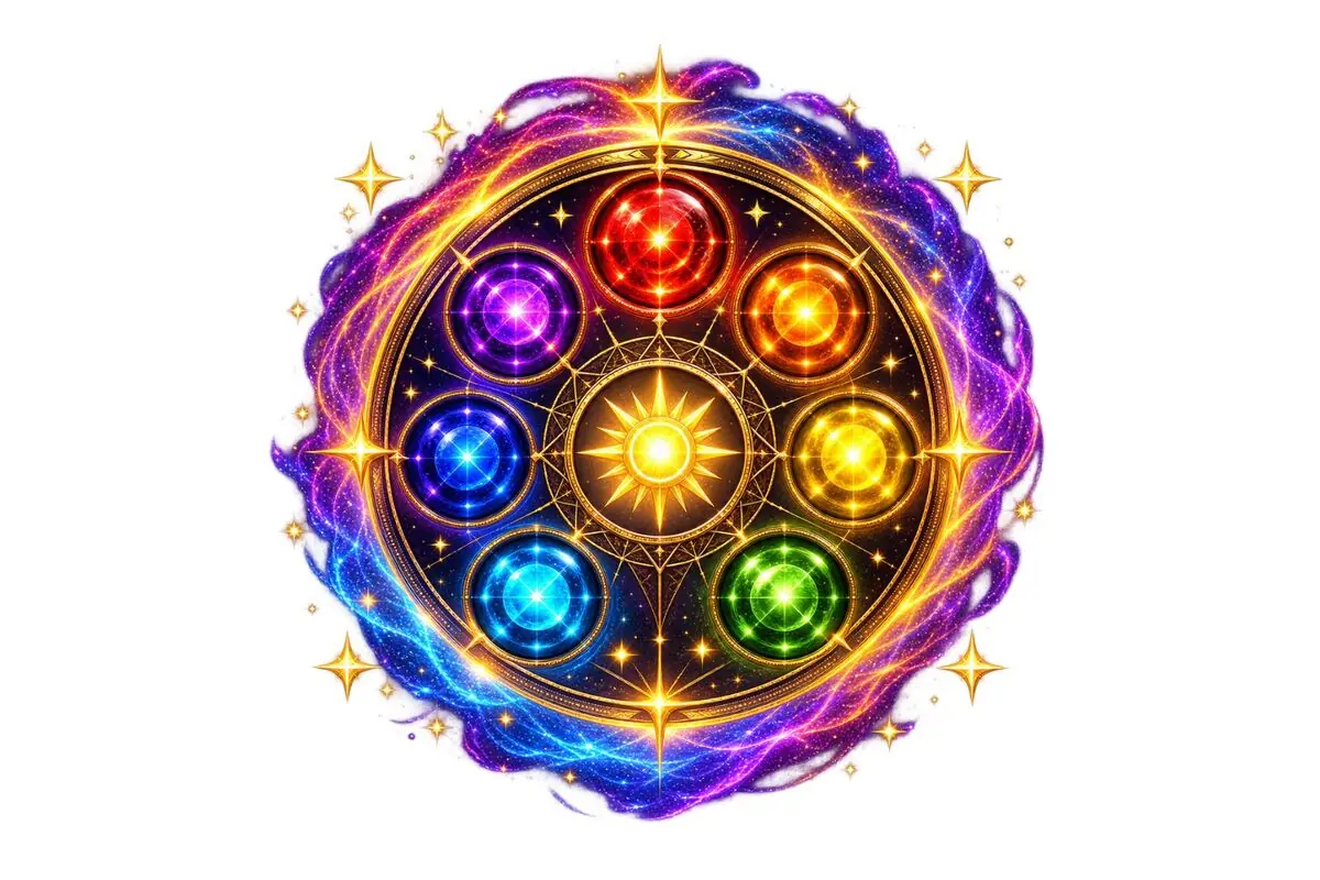 Mandala mágico circular con nueve orbes de colores brillantes alrededor de un sol dorado central rodeado de destellos y energía cósmica multicolor sobre fondo blanco