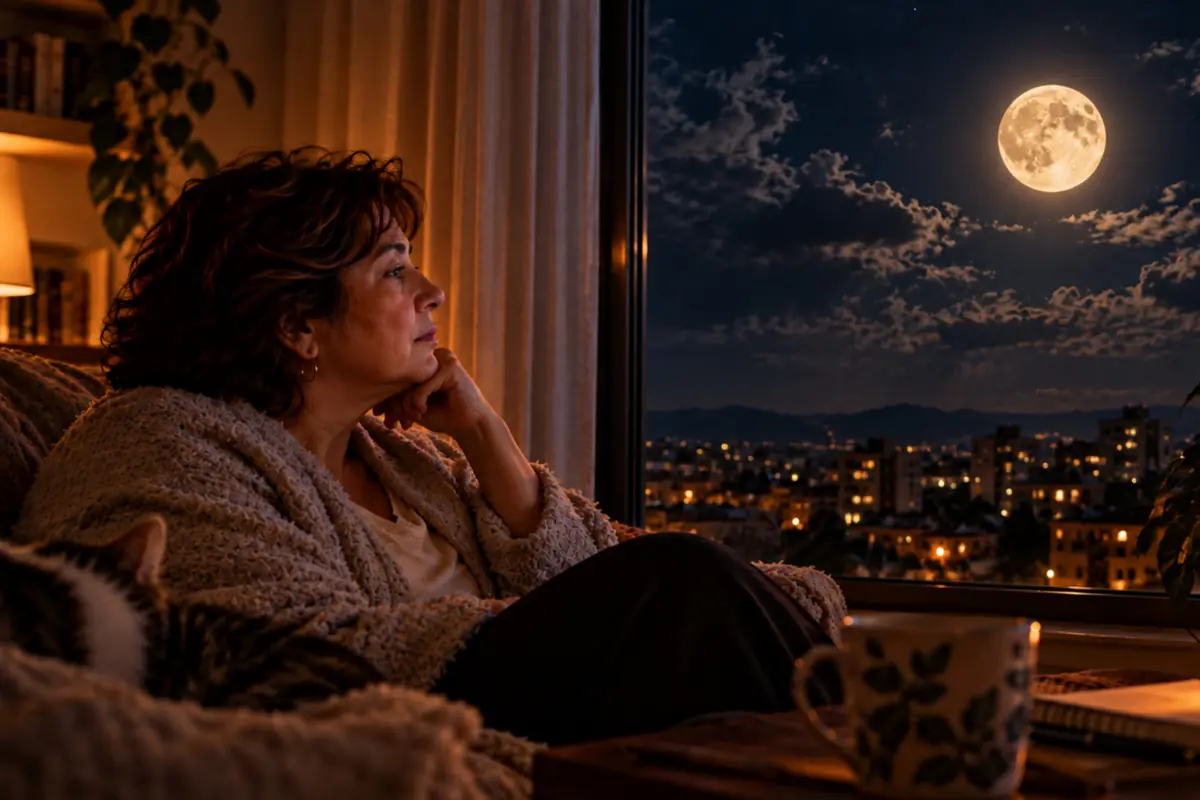 Mujer sentada en un sofá mirando pensativa la luna llena sobre la ciudad iluminada a través de una gran ventana mientras descansa con una manta y una taza de bebida caliente sobre la mesa Mujer sentada en un sofá mirando pensativa la luna llena sobre la ciudad iluminada a través de una gran ventana mientras descansa con una manta y una taza de bebida caliente sobre la mesa
