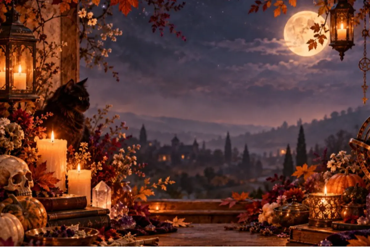 Escena mágica de otoño con un gato negro entre velas calabazas calaveras flores secas y cristales sobre una mesa frente a un paisaje nocturno con luna llena y un pueblo iluminado al fondo Escena mágica de otoño con un gato negro entre velas calabazas calaveras flores secas y cristales sobre una mesa frente a un paisaje nocturno con luna llena y un pueblo iluminado al fondo