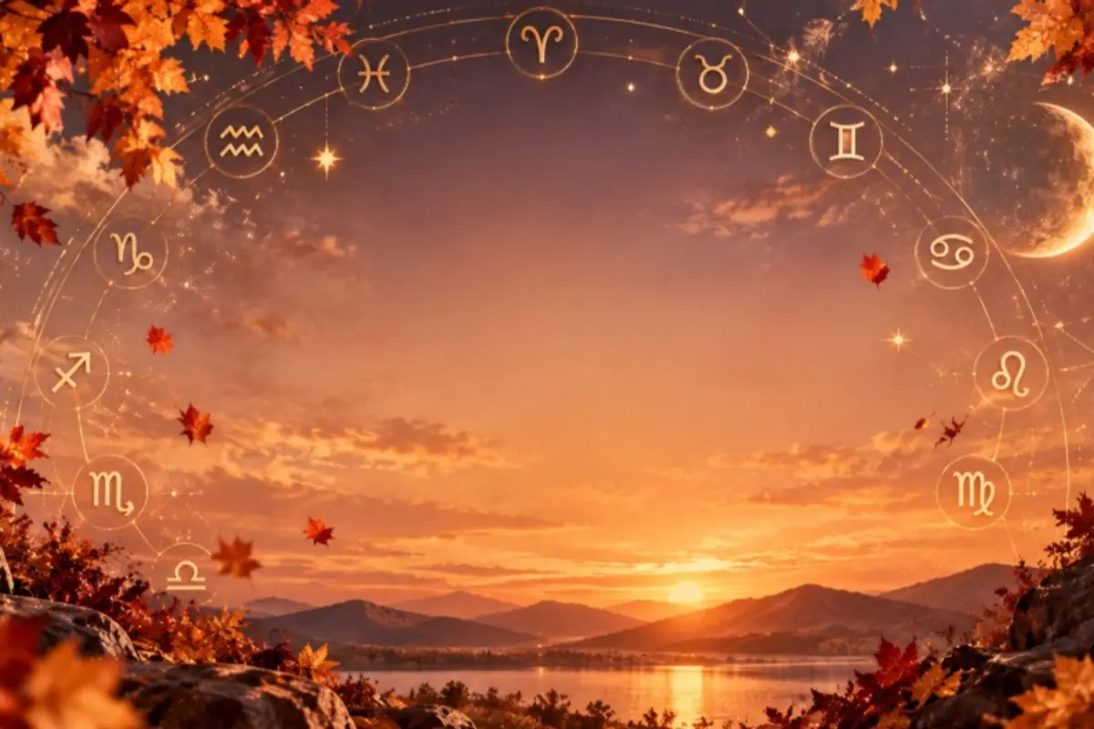 Paisaje otoñal al atardecer con símbolos del zodiaco formando un arco luminoso sobre montañas y lago Paisaje otoñal al atardecer con símbolos del zodiaco formando un arco luminoso sobre montañas y lago