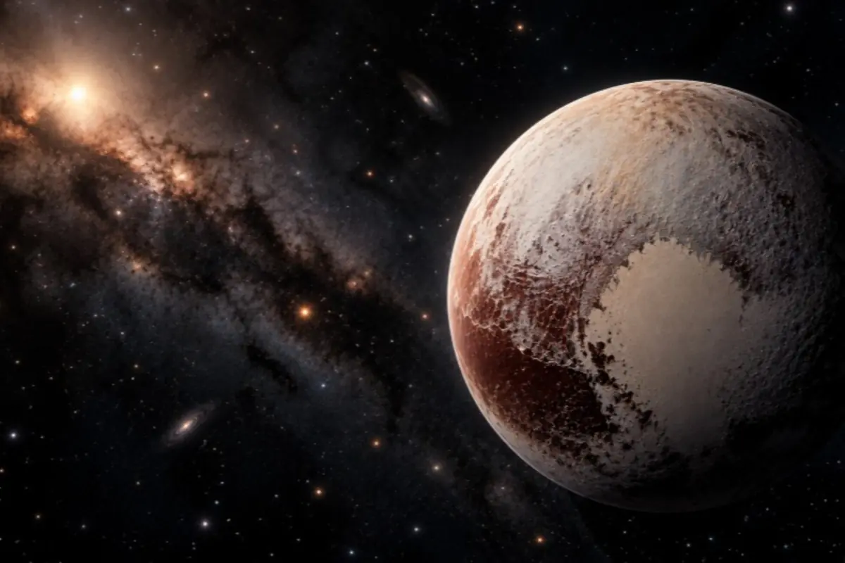 Planeta enano con superficie helada y marrón en primer plano sobre un fondo de estrellas y nubes de polvo en el espacio profundo Planeta enano con superficie helada y marrón en primer plano sobre un fondo de estrellas y nubes de polvo en el espacio profundo
