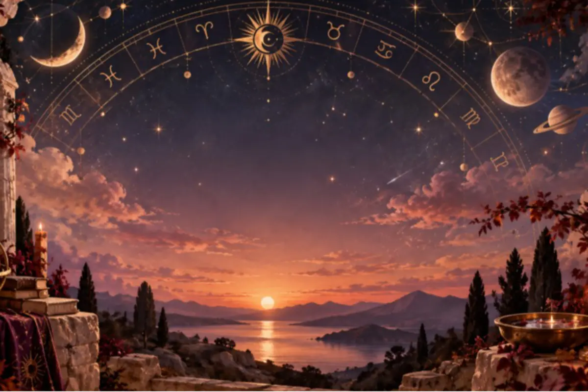 Paisaje místico al atardecer con el sol poniéndose sobre un mar rodeado de montañas cielo estrellado con signos del zodiaco y planetas brillando sobre una terraza de piedra con velas y cuenco dorado