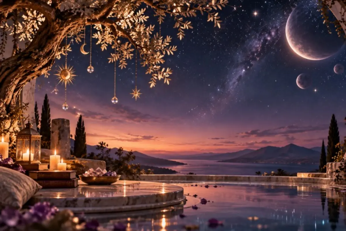 Terraza junto a una piscina iluminada por velas con un árbol decorado con lunas y estrellas doradas frente a un cielo nocturno lleno de galaxias y varios planetas sobre un mar tranquilo al atardecer
